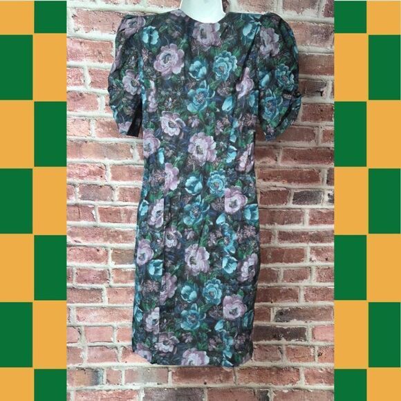 Vintage 80s AllβThat Jazz Yellow Dress 13/14 Puff Sleeve Button Sheath V Neck - Picture 7 of 7